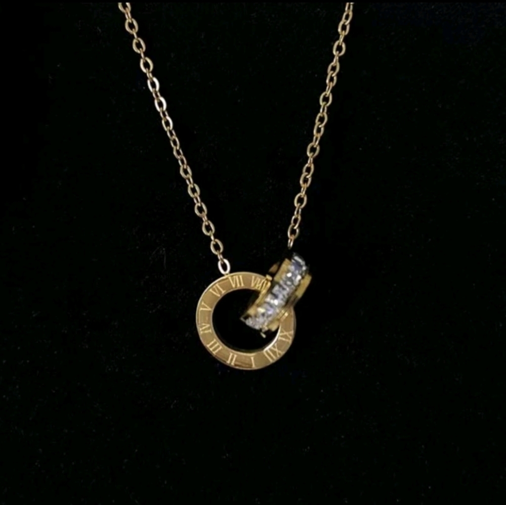 NEW Gold Cubic Zirconia Roman Numerals Stainless Steel Necklace